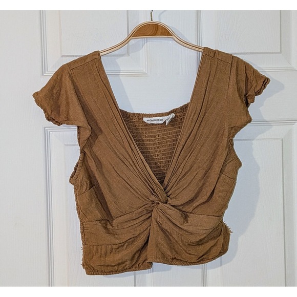 Midnight Sky Brown Twisted Front Smocked Square Neck Cap Sleeve Crop Top L - Picture 2 of 8